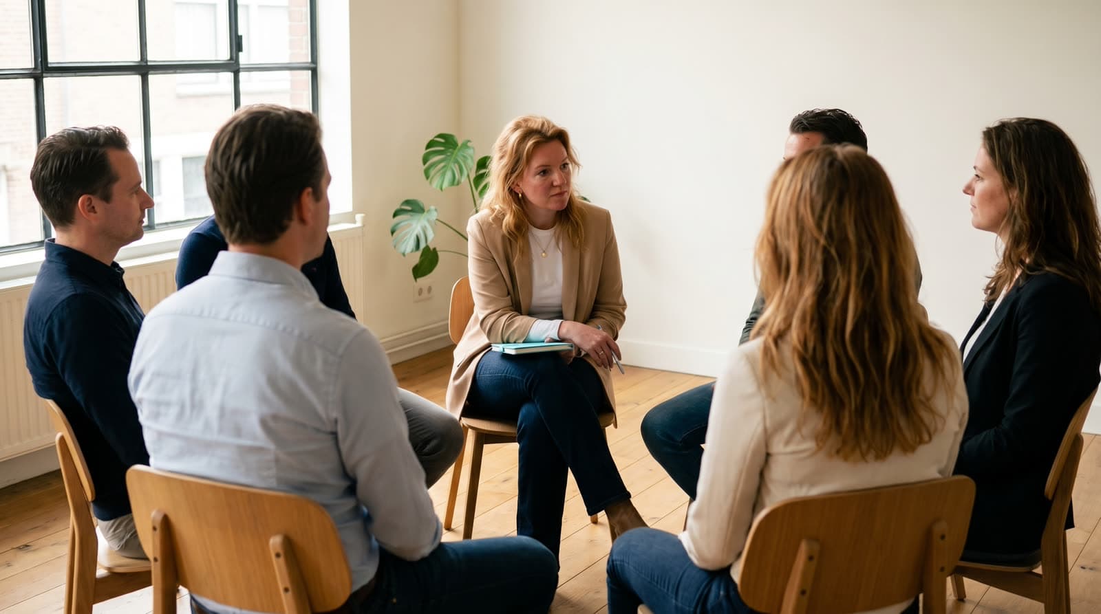 Lou begeleidt een groepsgesprek in een cirkel